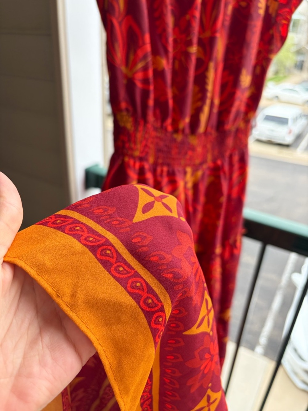 🆕🍎 Vince Camuto Boho Floral Maxi Dress Red Orange Tiered Size L Summer Flowy - Picture 14 of 16